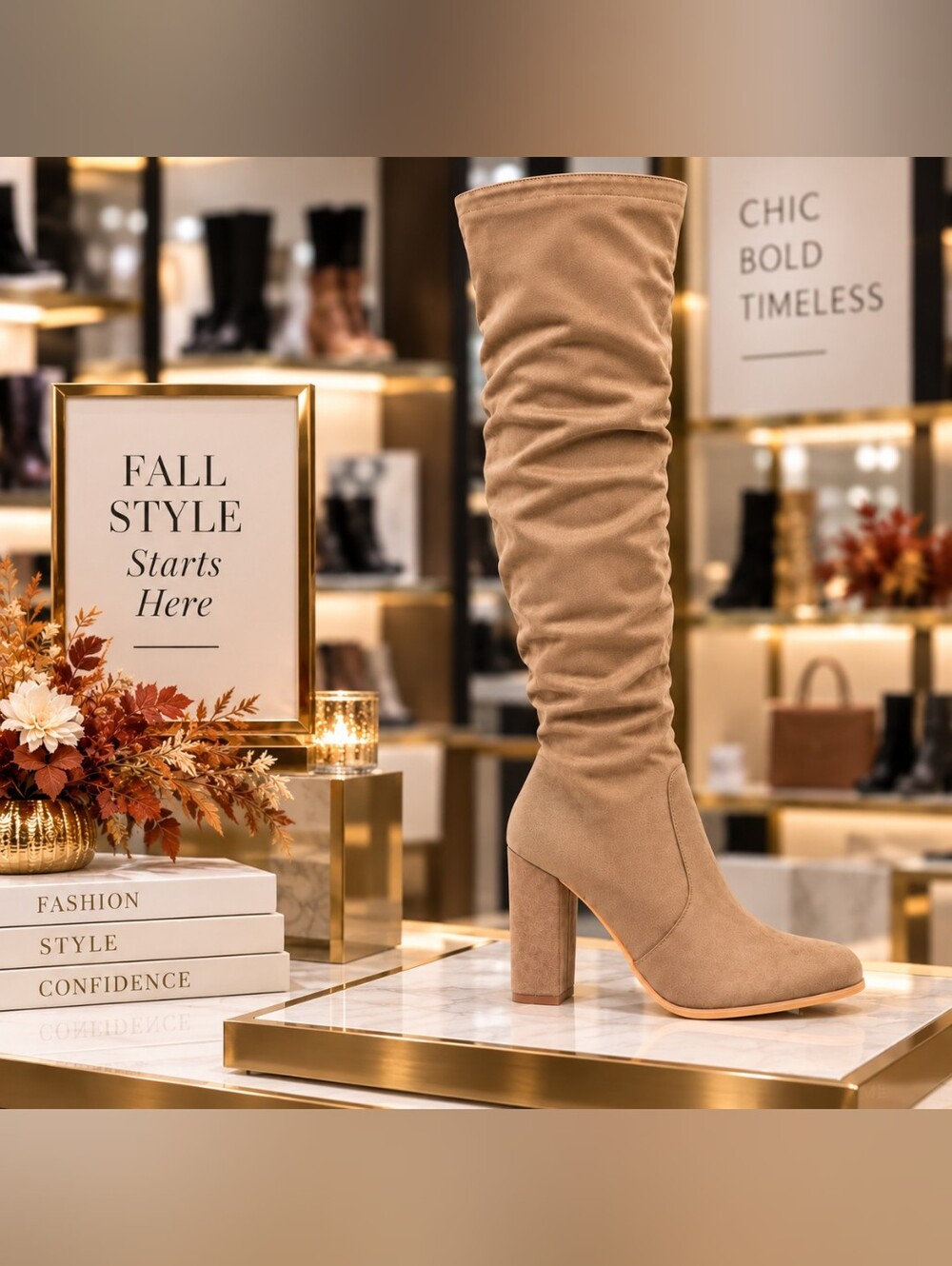 Women’s Taupe Slouch Over-the-Knee Block Heel Boots – New in Box
